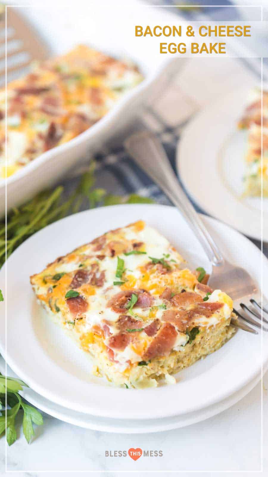 bacon and cheese egg bake on white dish with fork