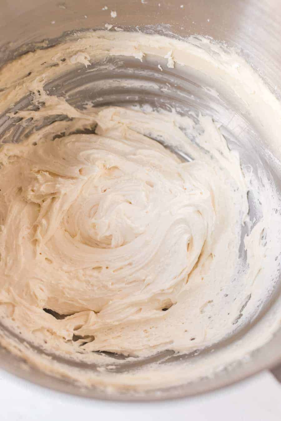 oatmeal cream pie frosting in a metal mixing bowl.