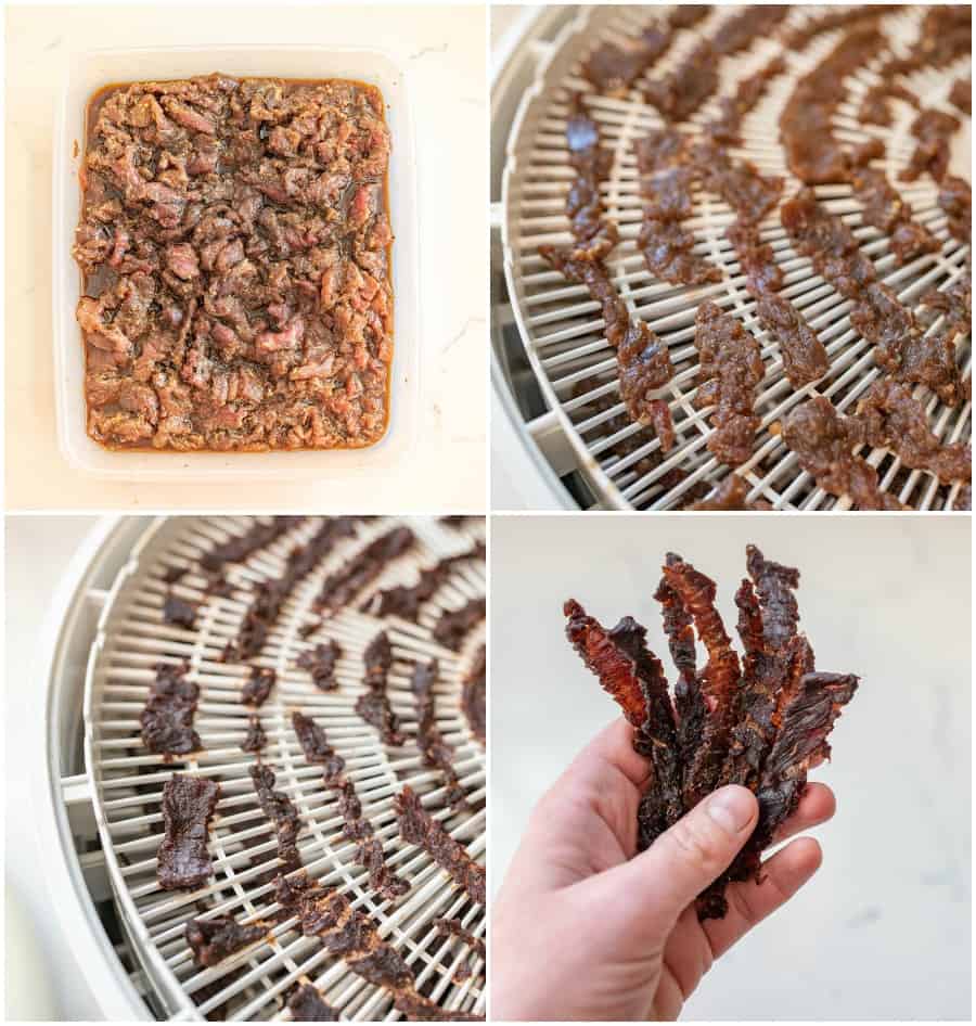 collage of beef jerky images on dehydrator, in a dish, and being held