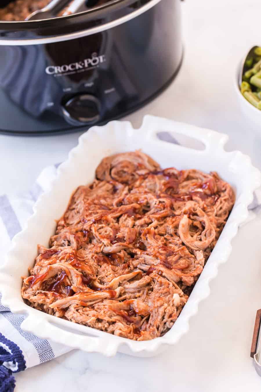 top view of the baking dish of BBQ pulled pork.