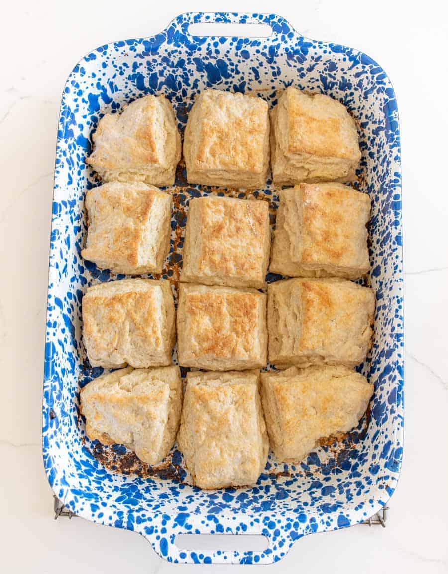 sourdough biscuits cut into squares in a baking dish.