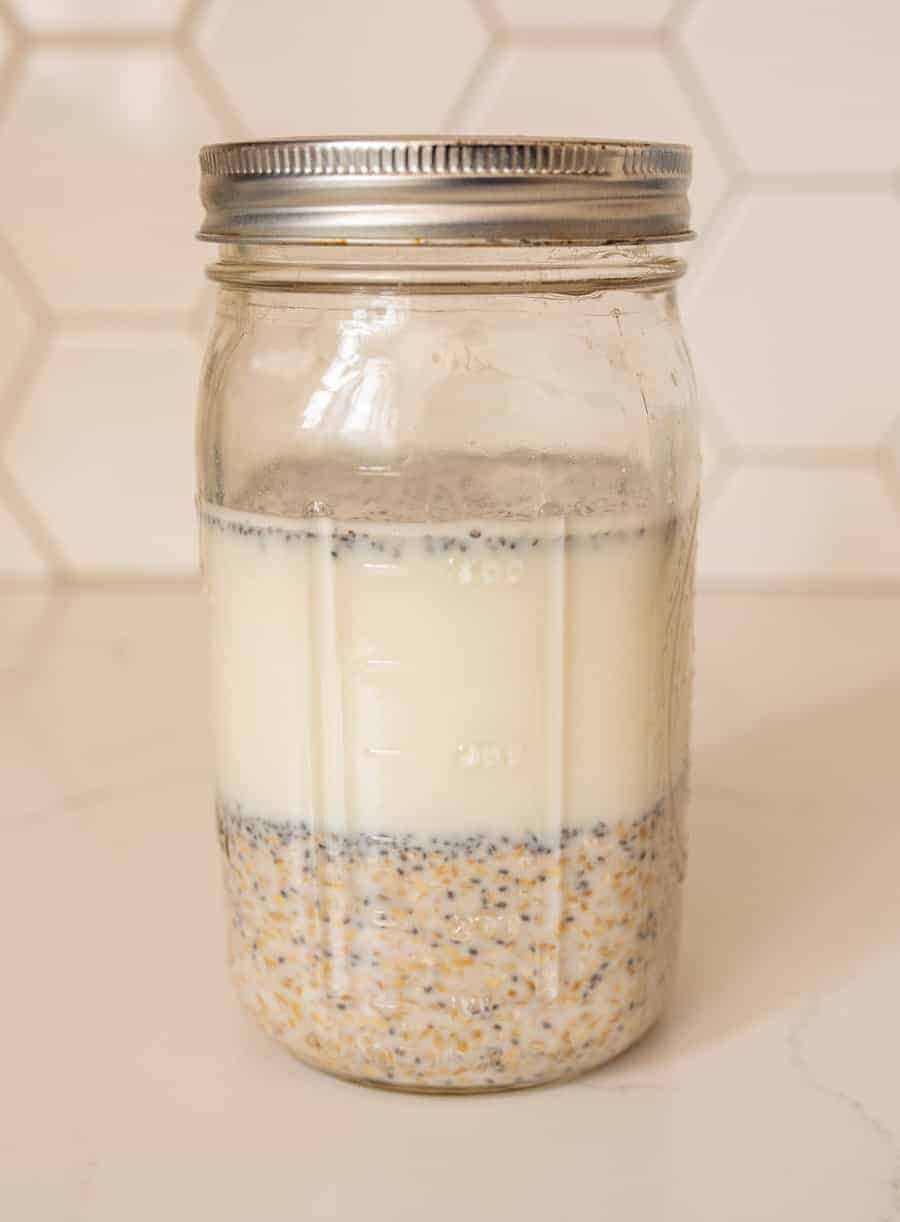 steel cut oats in glass jar with lid.