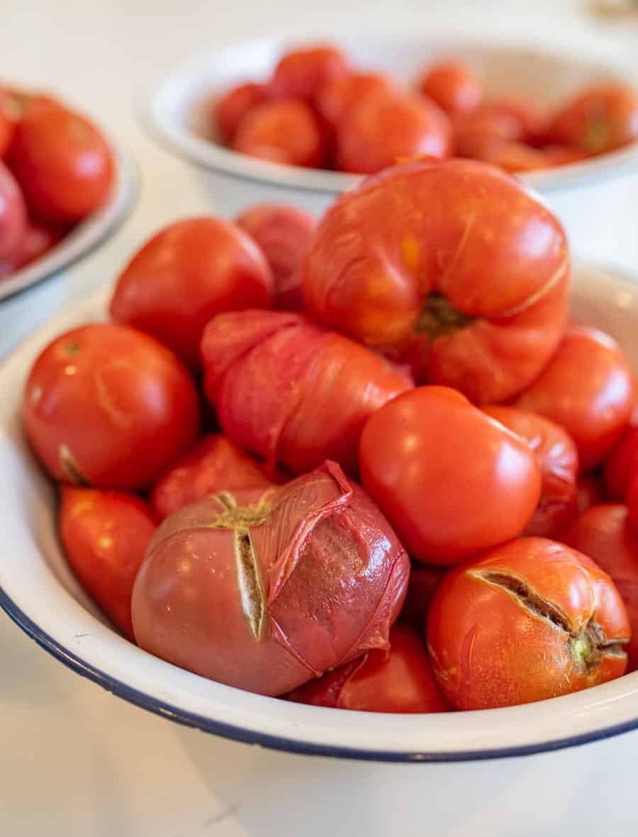 White bowl of boiled and blanched fresh tomatoes with skin peeling. 