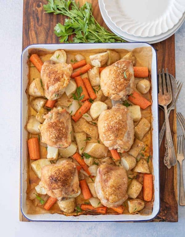 Roasted Chicken Thighs And Potatoes — Bless This Mess