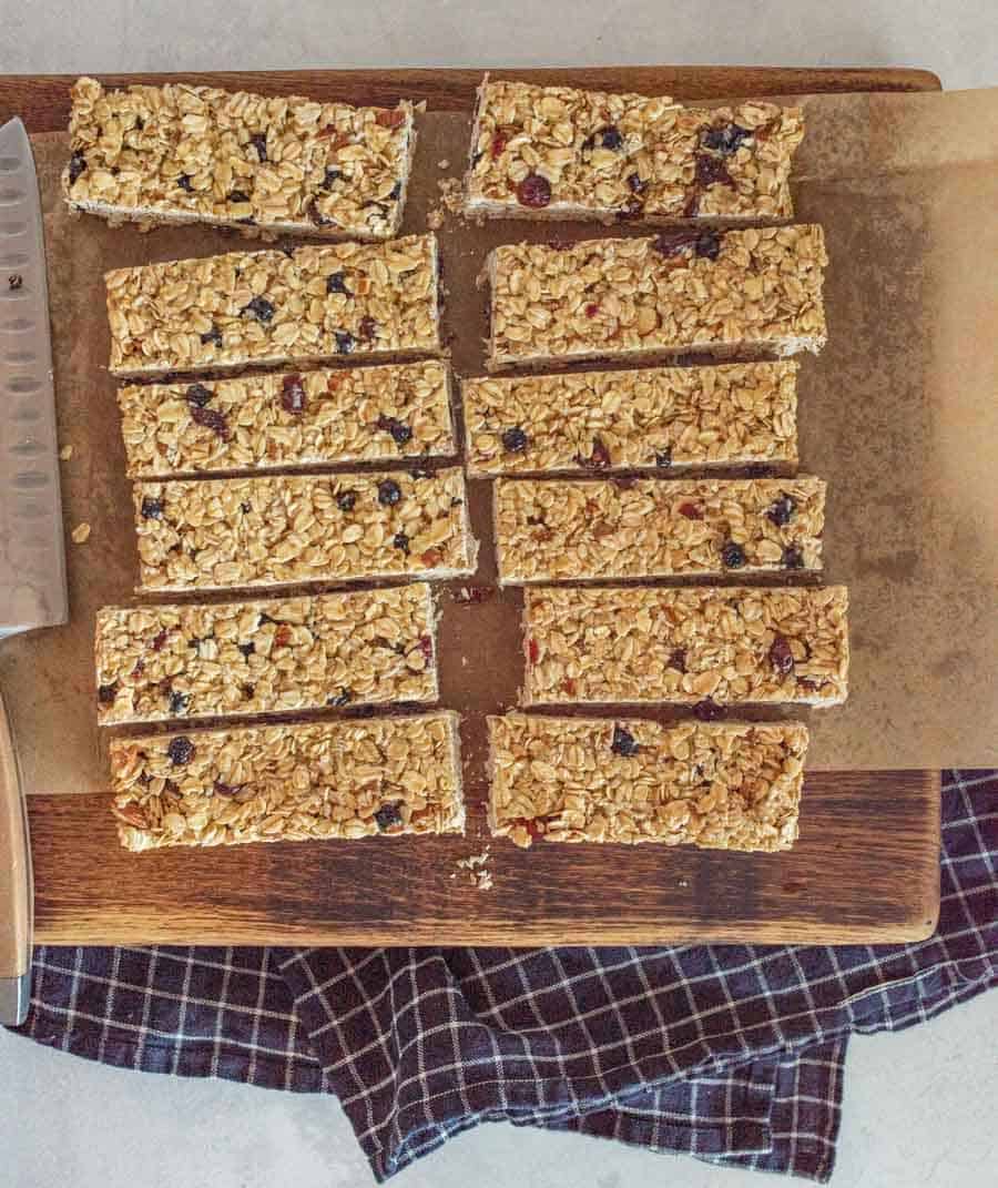 top view of granola bars on a cutting board.