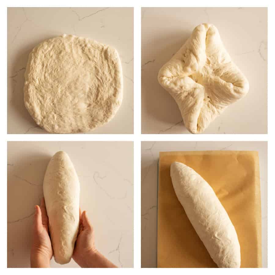 A four photo collage on shaping Italian bread where the first photo is of the bread dough rolled out in a square, the second photo is of the corners of the dough being folded into the center of the square, the third photo is of hands shaping the dough into a loaf shape, and the fourth last photo is of the loaf shaped dough sitting on parchment paper.