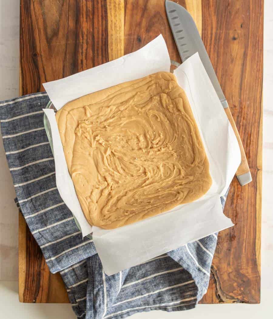 A top view of the uncut peanut butter fudge in its pan. 