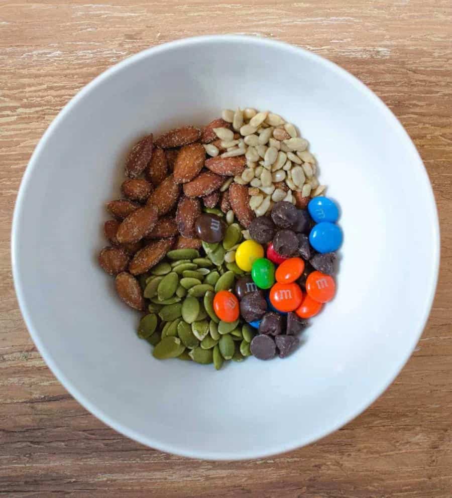 top view of ingredients for trail mix in a bowl