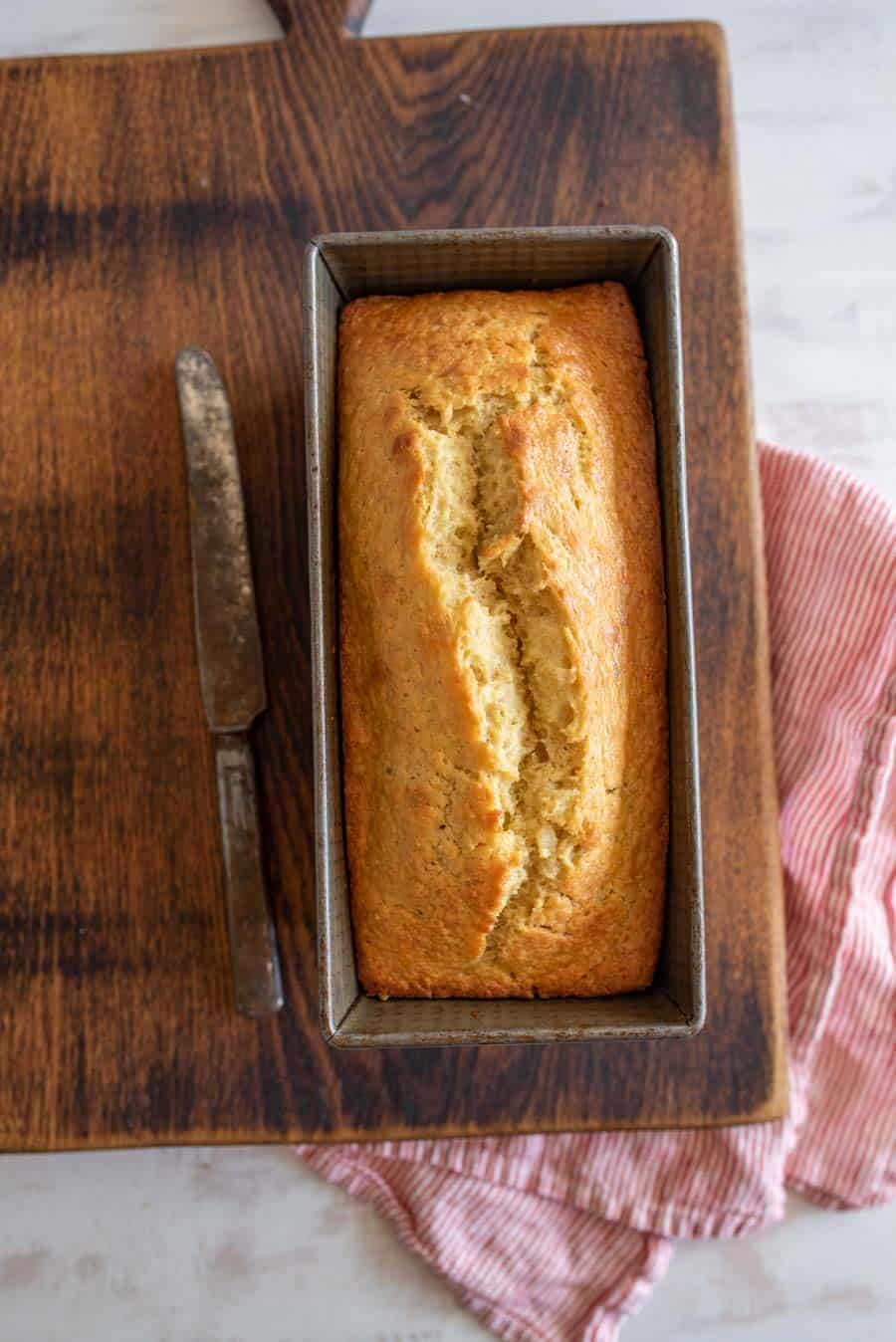 top view of banana bread in a loaf pan