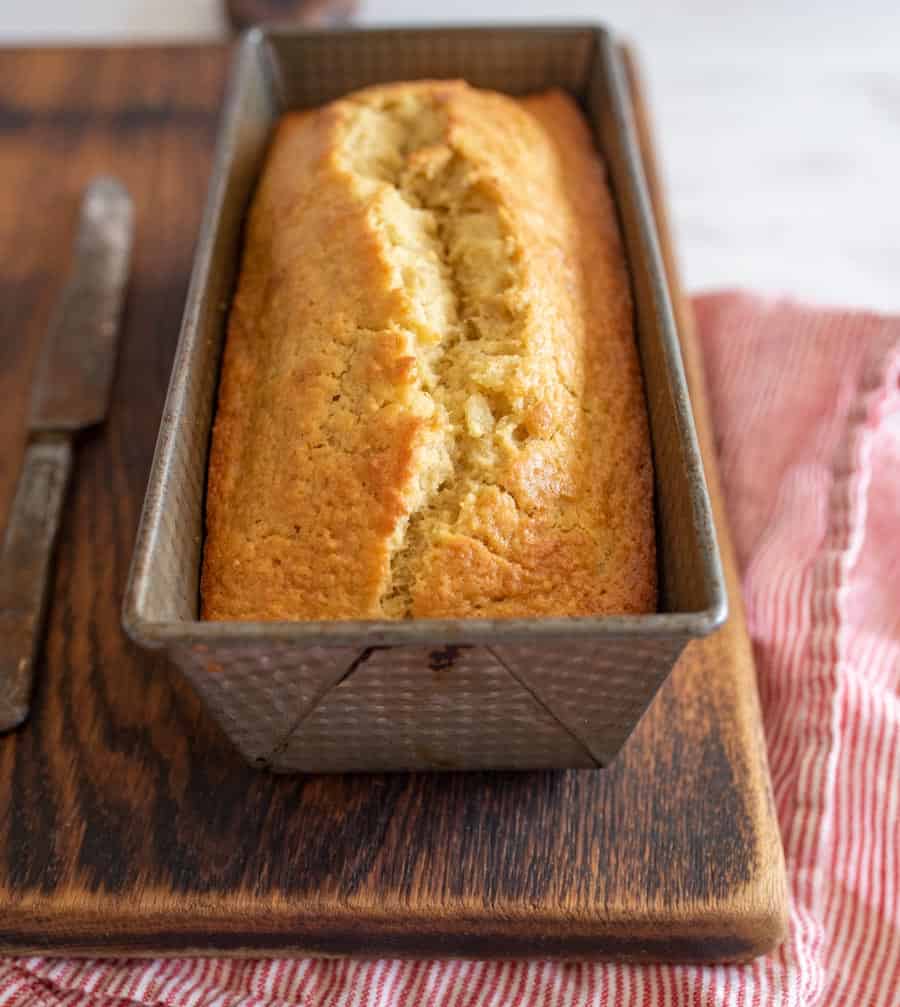 close up of banana bread in a loaf pan
