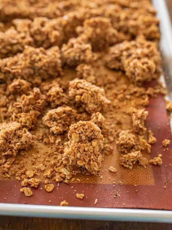 close up picture of granola on a baking dish