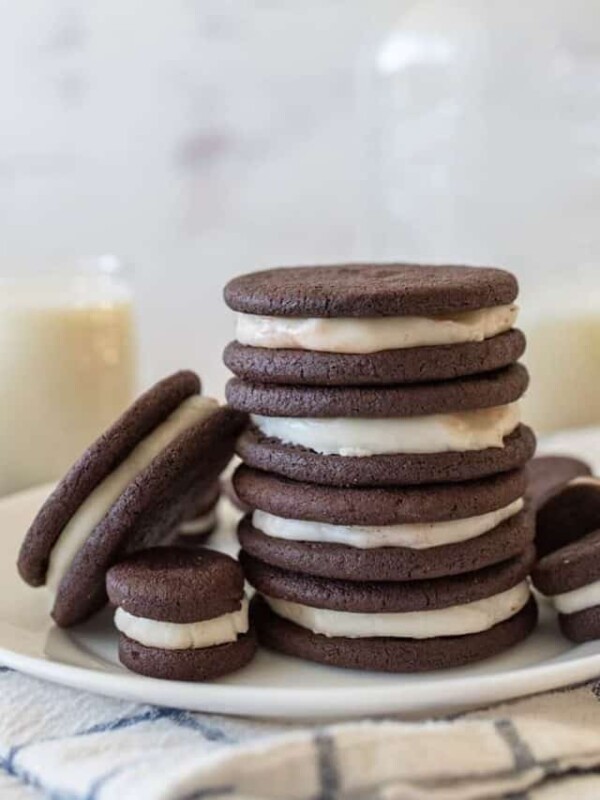 homemade oreos stacked on top of each other on a plate