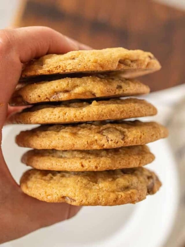 hand holding a stack of chocolate chip cookies