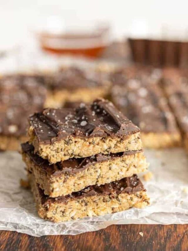 peanut butter protein bars stacked on top of each other