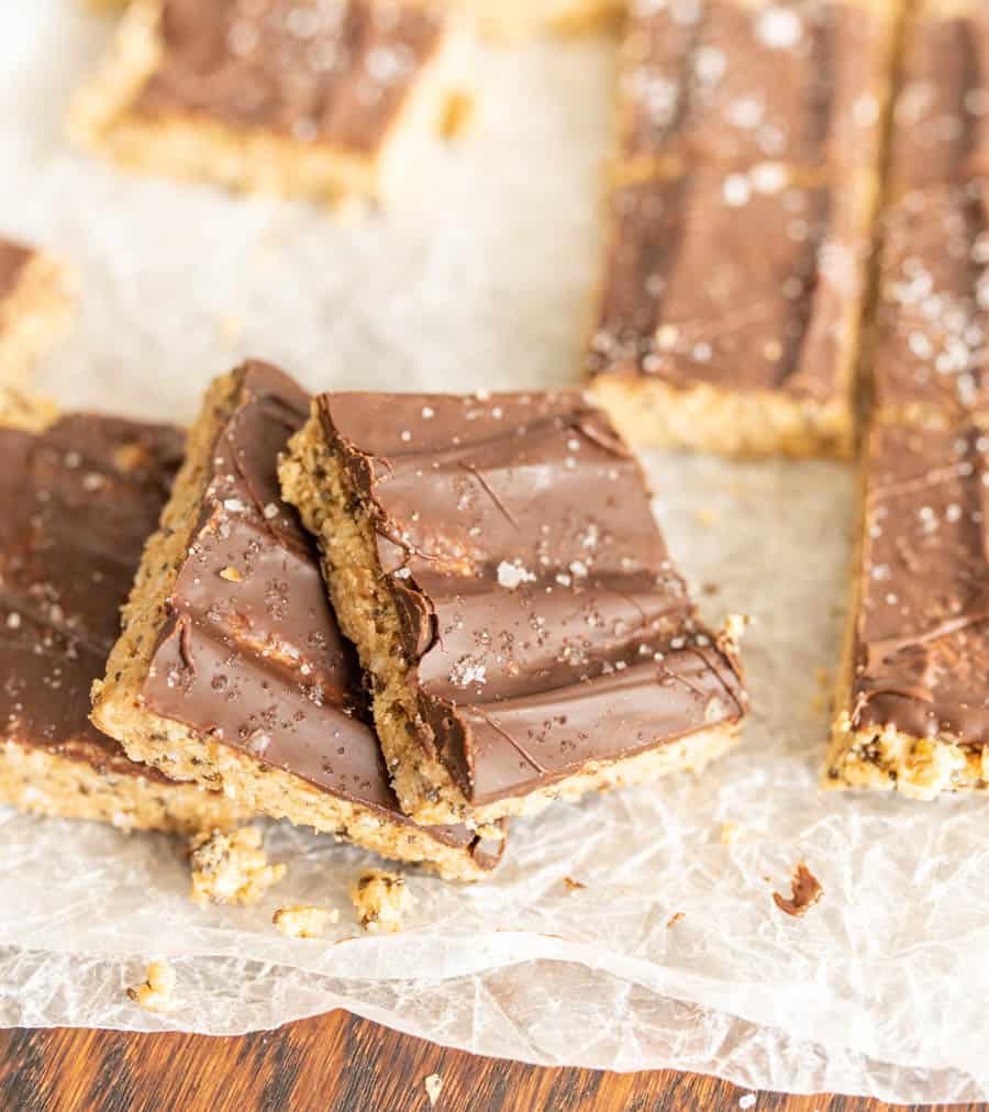 peanut butter protein bars laying on top of each other