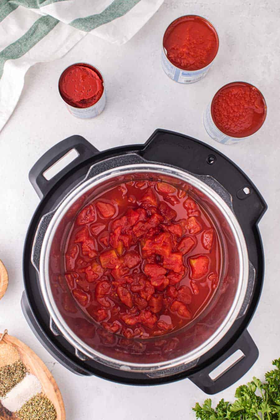 top view of instant pot with red spaghetti sauce