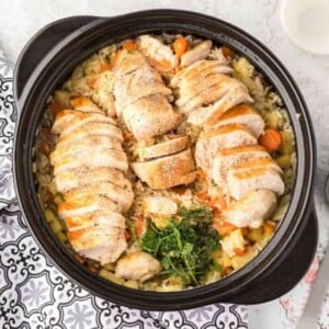 stove top chicken and rice in a dutch oven
