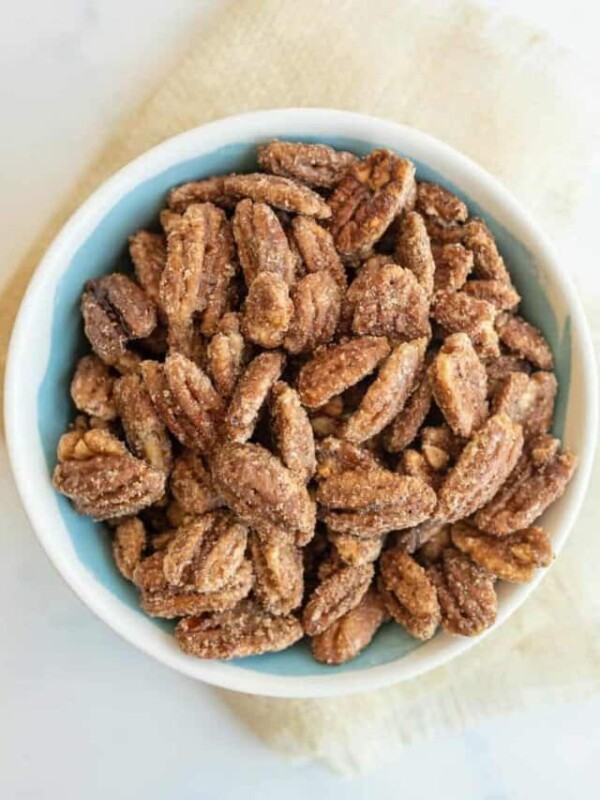 candied pecans in a bowl view from the top