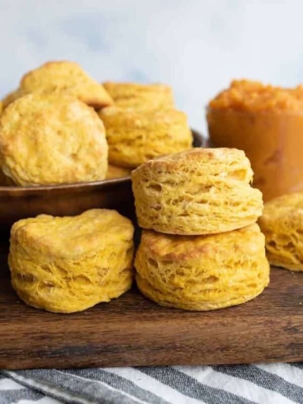 stacked pumpkin biscuits with lots of flaky layers