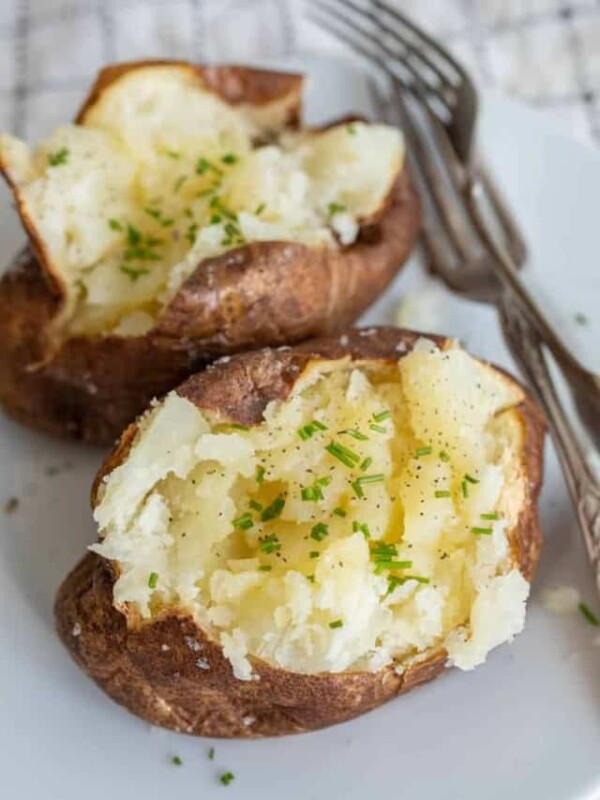 Air fryer baked potato up close.