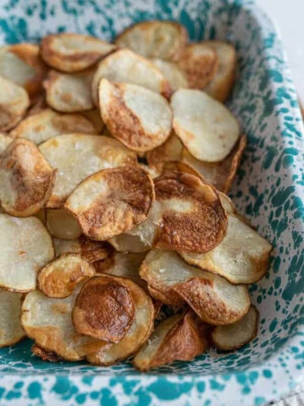 air fryer potato chips in a dish.