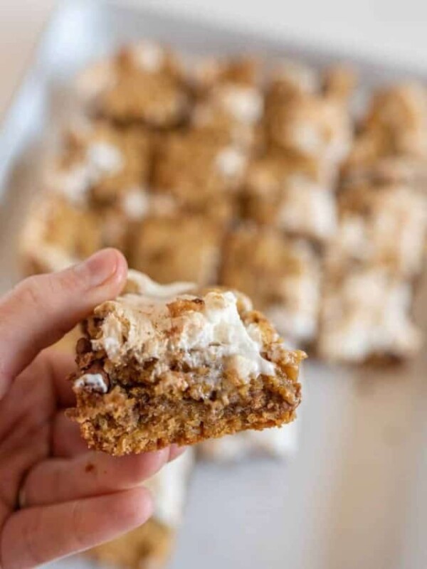 close up of smores cookie bars POV hand holding.