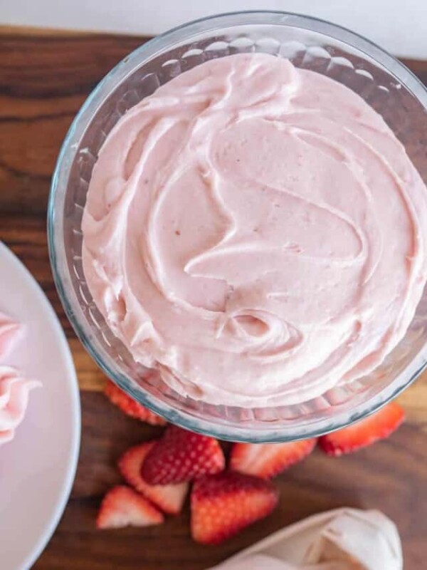 a bowl filled with homemade strawberry buttercream