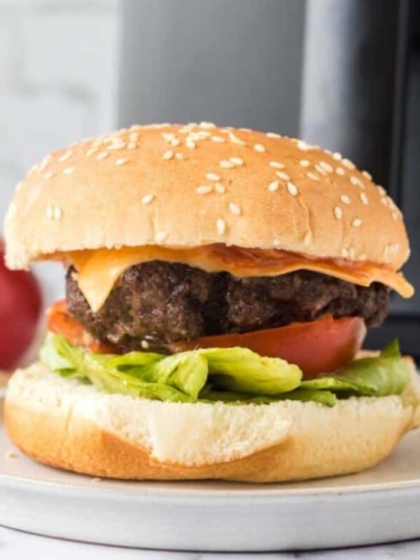 side view of an air fryer hamburger on a white plate