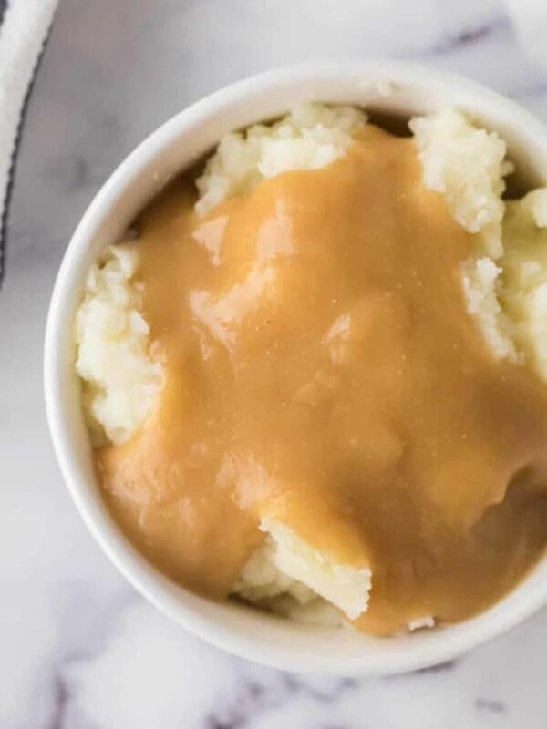 top view of mashed potatoes and gravy