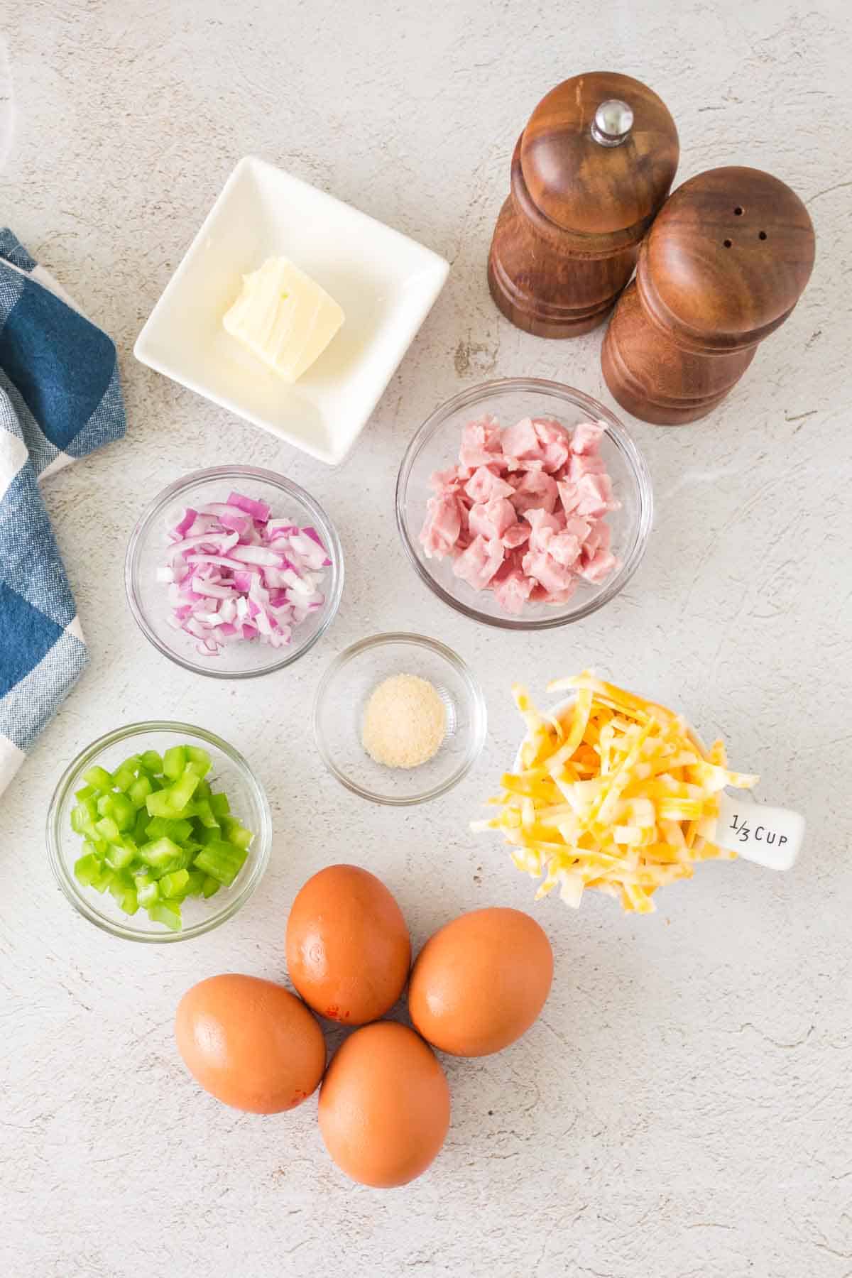 raw ingredients for a denver omelet.