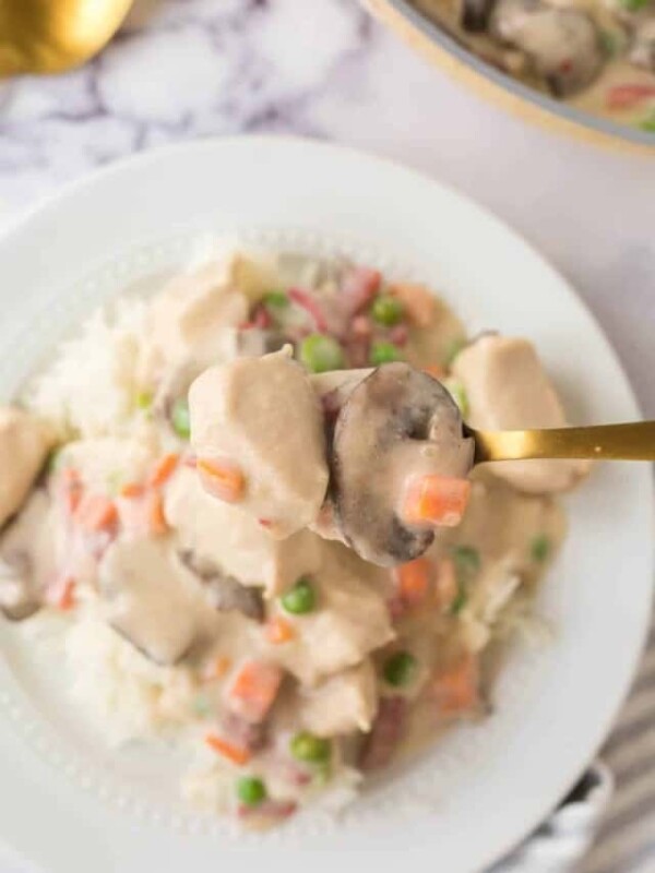 top view chicken ala king served onto a white plate over rice