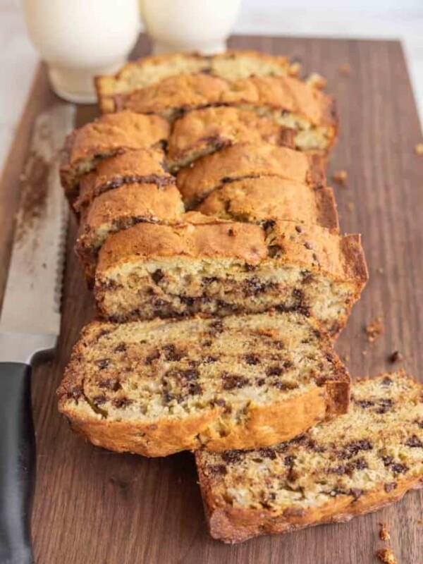 chocolate chip banana bread loaf sliced