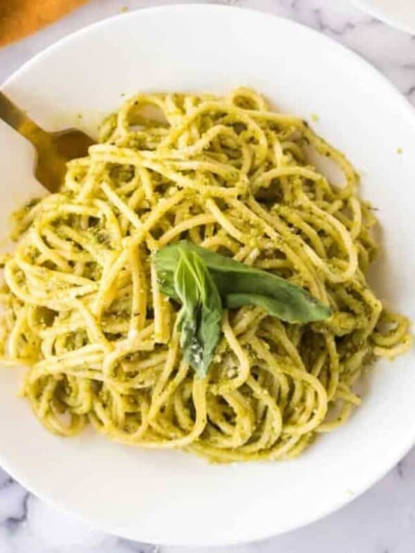 pesto pasta on a white plate