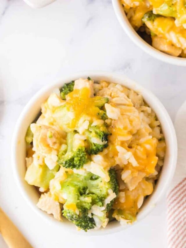 top view of a small bowl of chicken broccoli rice casserole