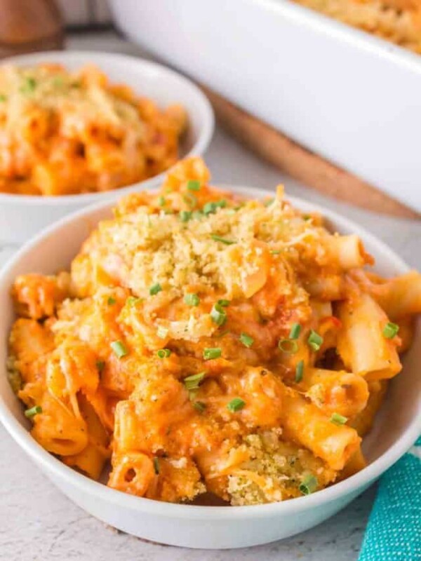 five cheese zita forno pasta with a creamy red sauce in a white bowl and cheese on top