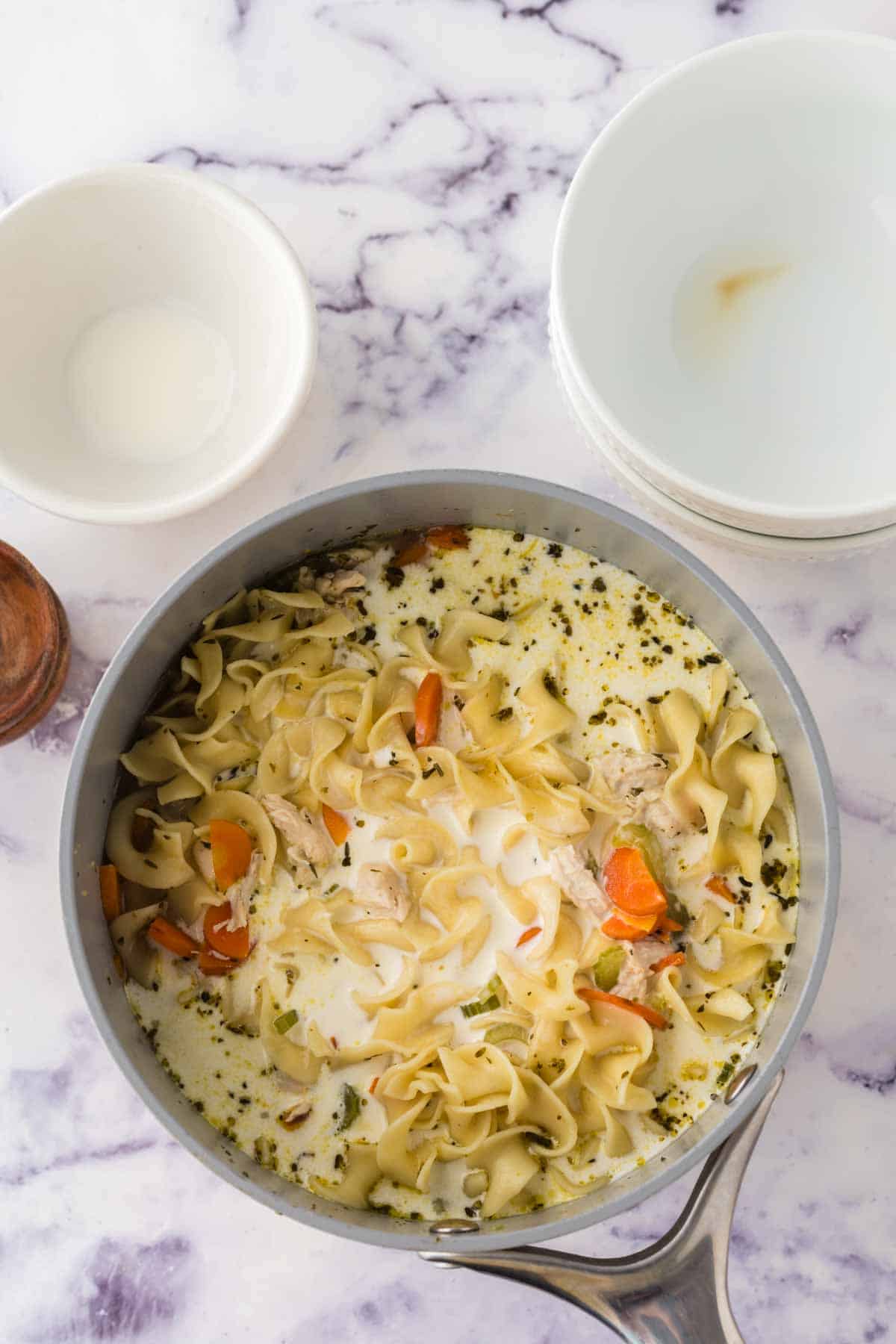 sauce pan with creamy chicken noodle soup