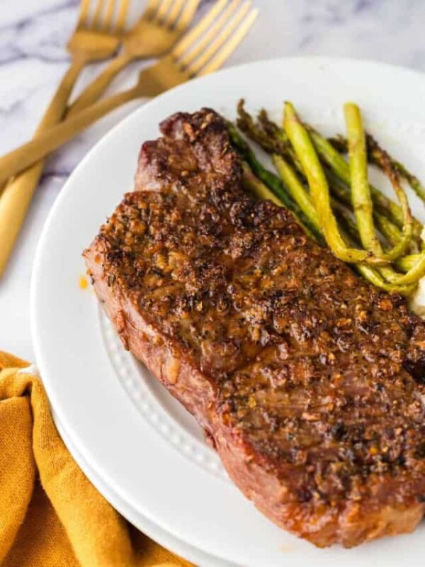 POV air fryer steak with a side of asparagus