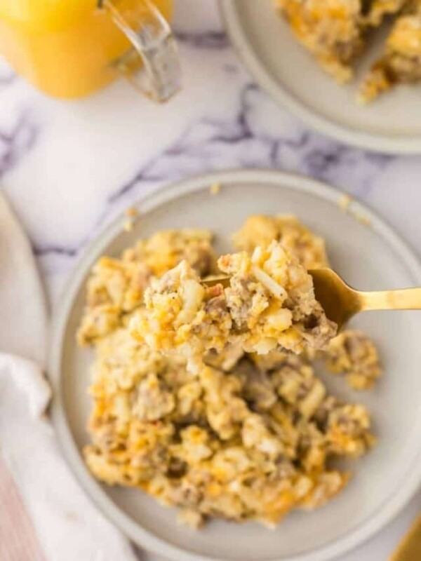 POV forkful of a crockpot breakfast casserole recipe