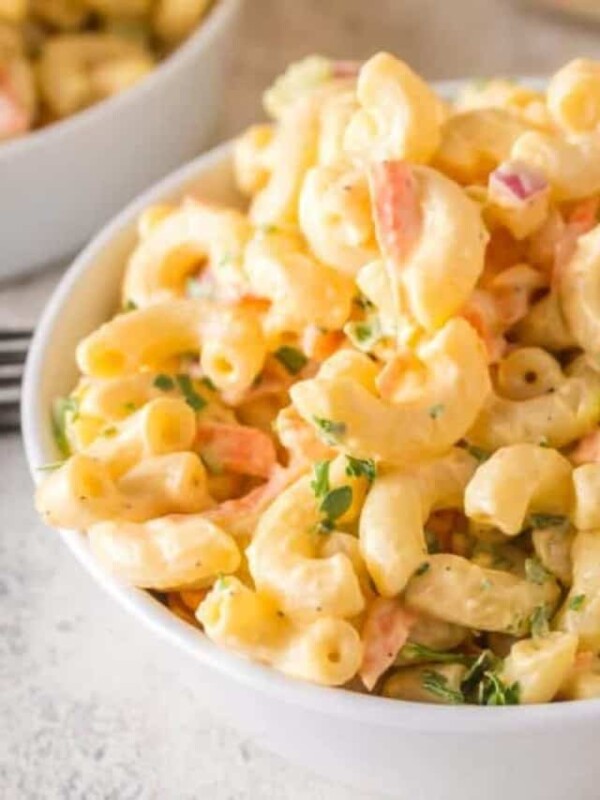 Hawaiian Macaroni Salad in a white serving bowl