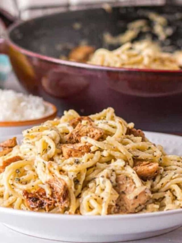 lemon chicken pasta recipe served in a white bowl