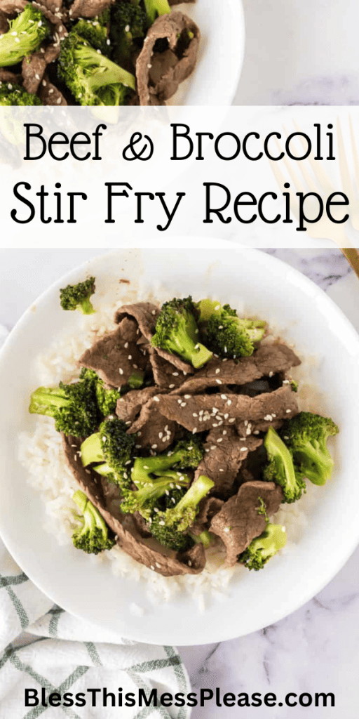 beef and broccoli stir fry in a bowl with words
