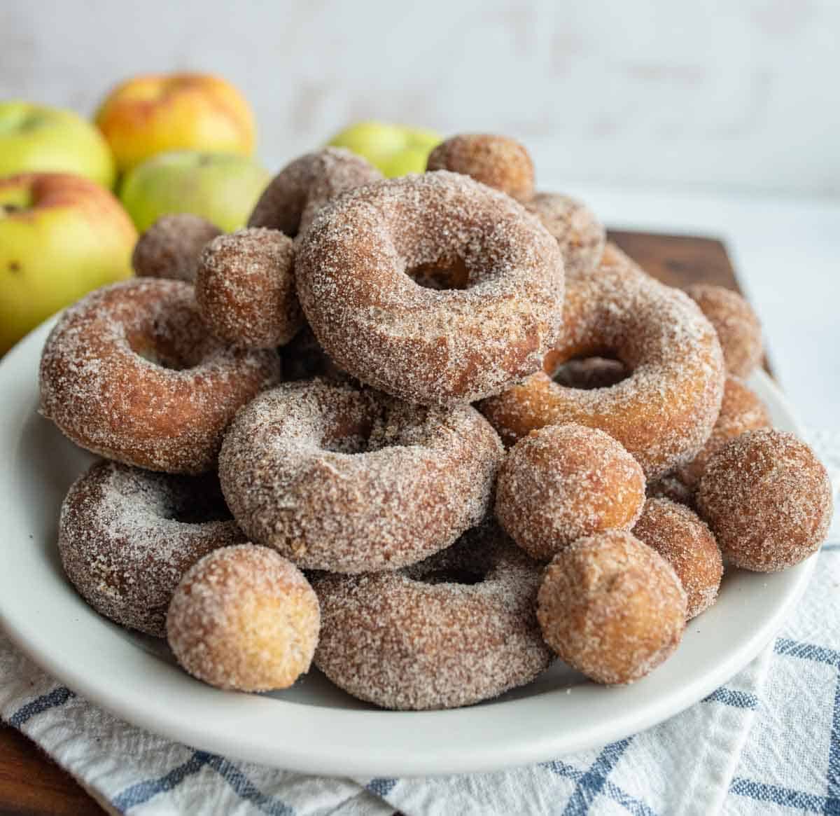 apple cider donuts and holes dusted with sugar on a white plate