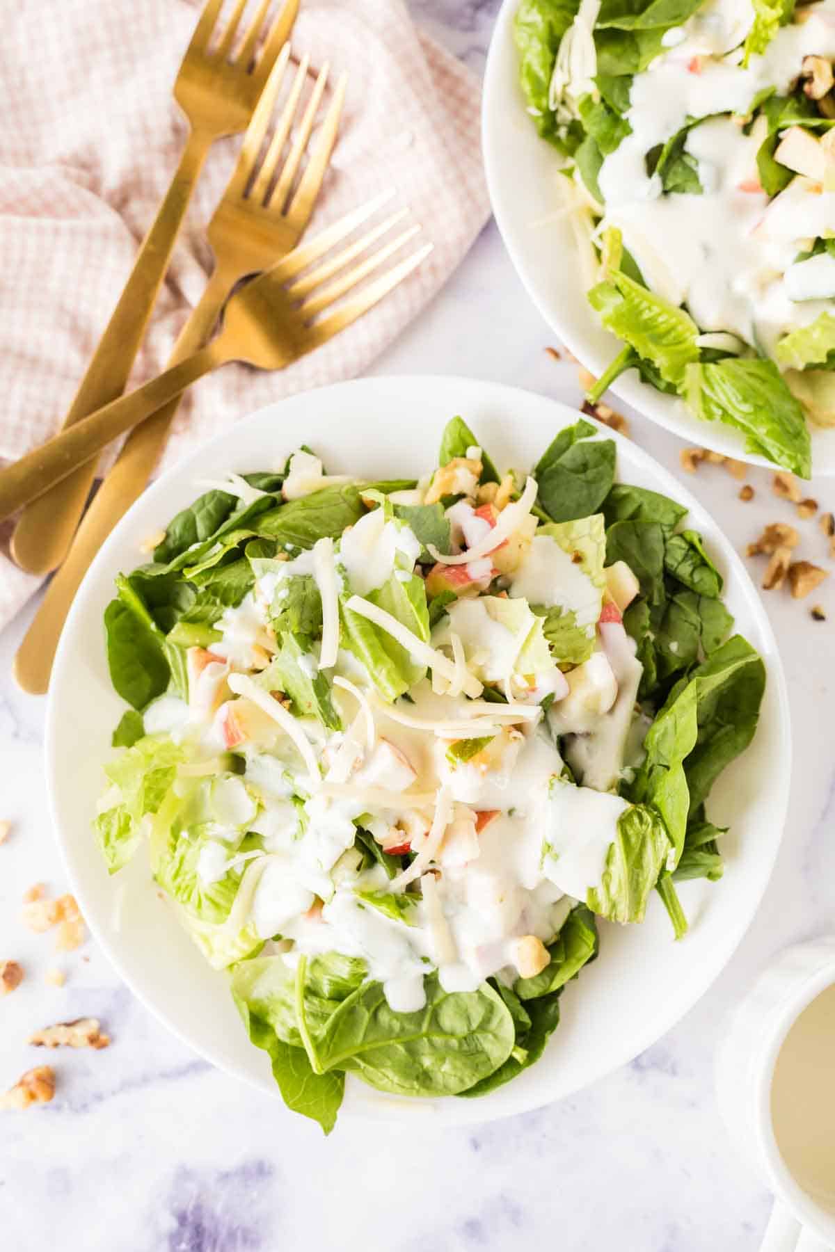 white dish with apple salad served with cheese and creamy dressing.