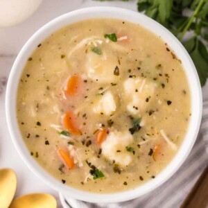 bisquick dumplings recipe in a white bowl with golden spoons.