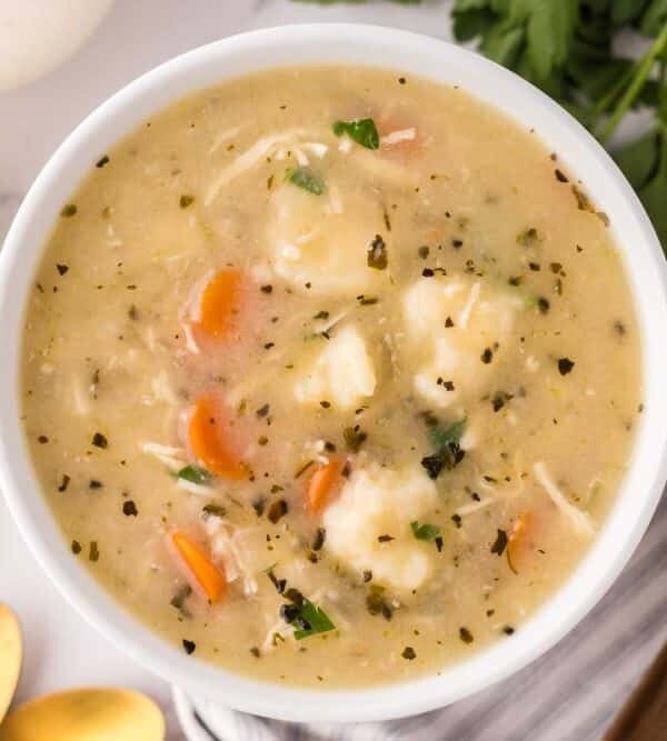 bisquick dumplings recipe in a white bowl with golden spoons.