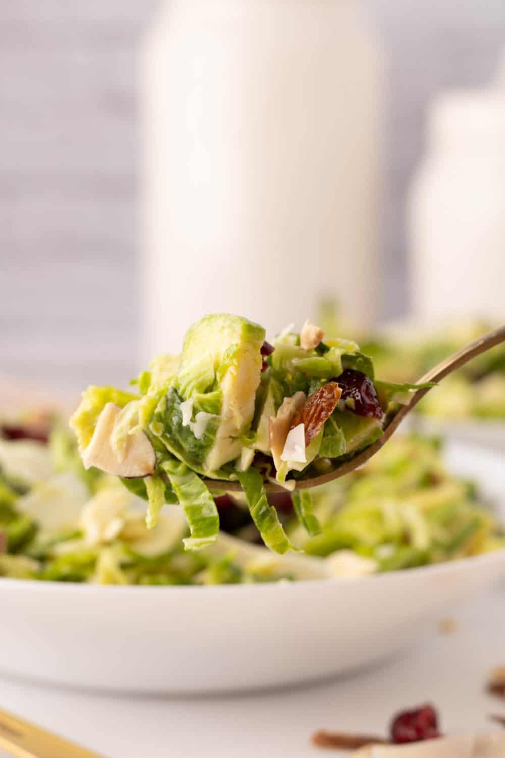 forkful of brussels sprouts salad.