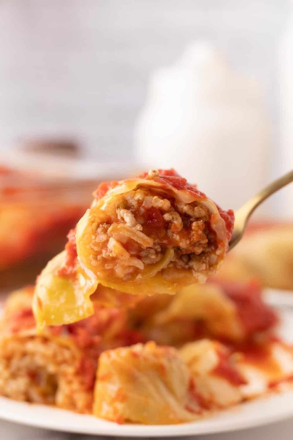 a fork full of cooked cabbage rolls smothered in red sauce.