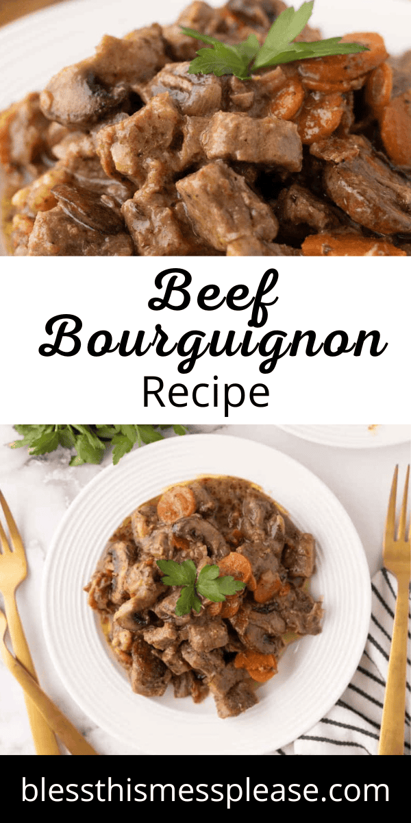 Pinterest pin with text that reads Beef Bourguignon Recipe.