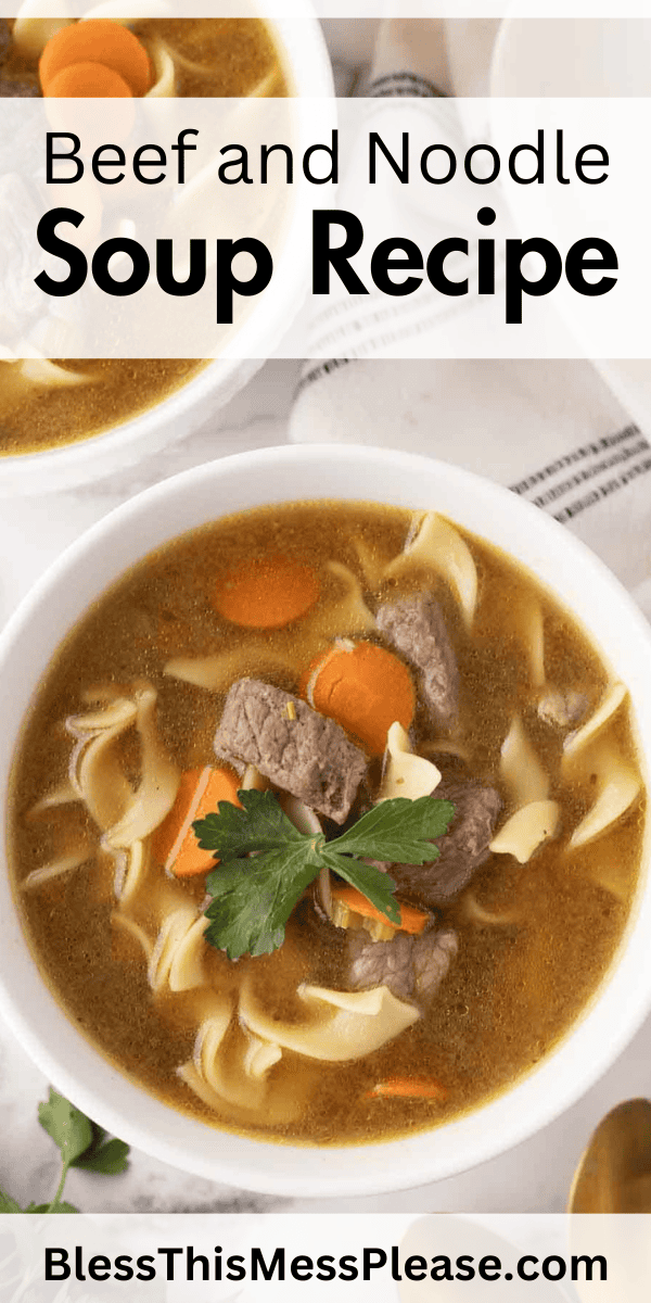 Pinterest pin with text that reads Beef Noodle Soup Recipe.