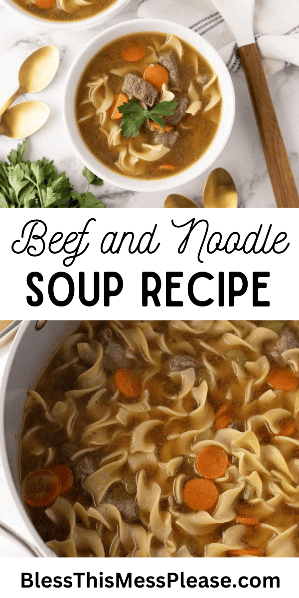Pinterest pin with text that reads Beef Noodle Soup Recipe.